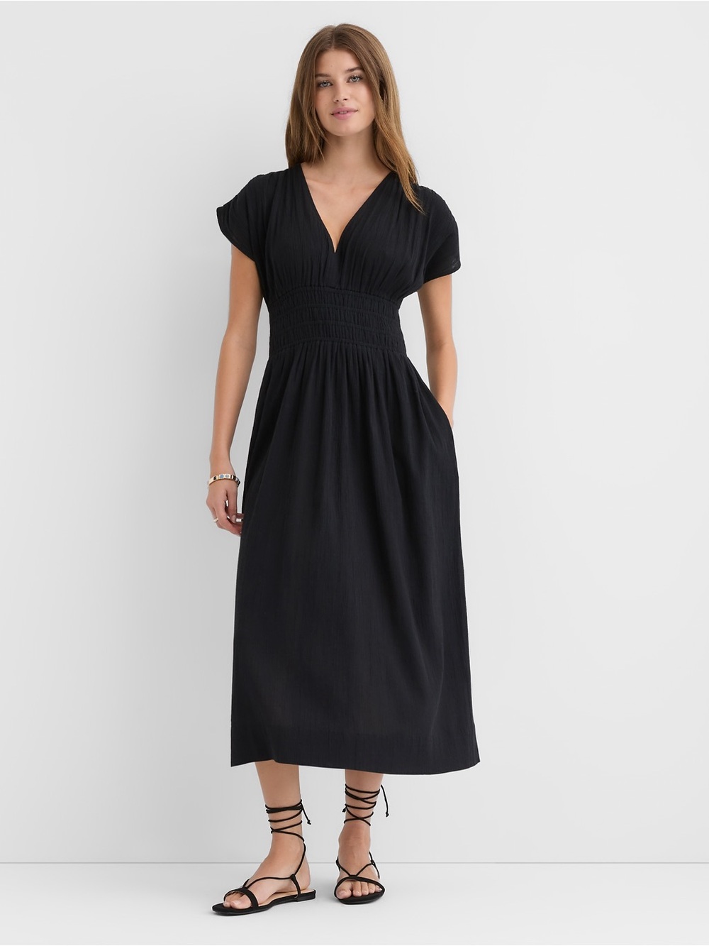 LOFT Black V-Neck Smocked Waist Swim Coverup Dress